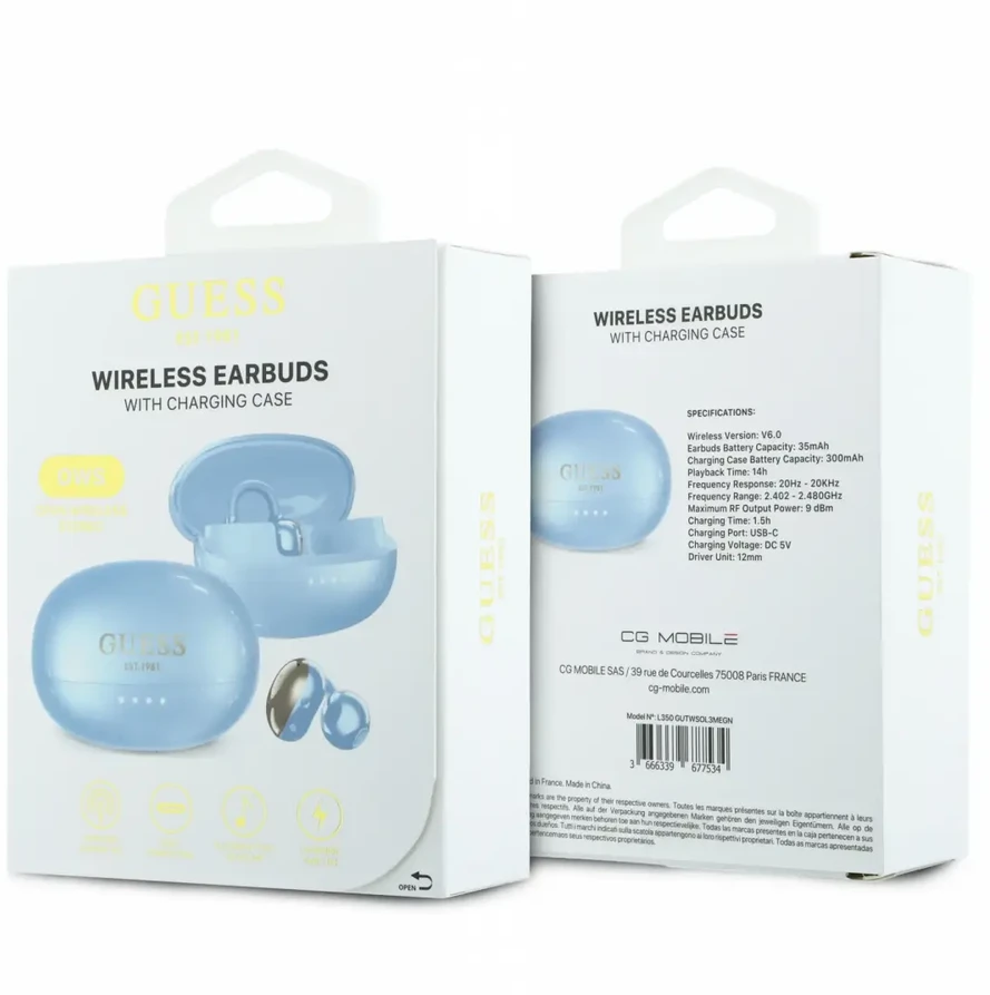 Ausinės Guess Metallic Finish Classic Logo OWS Belaidės Earphones Light Mėlyna