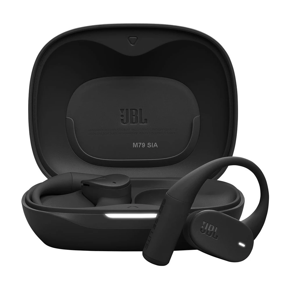 JBL Sense Lite ausinės su atidarytu įkrovimo dėklu