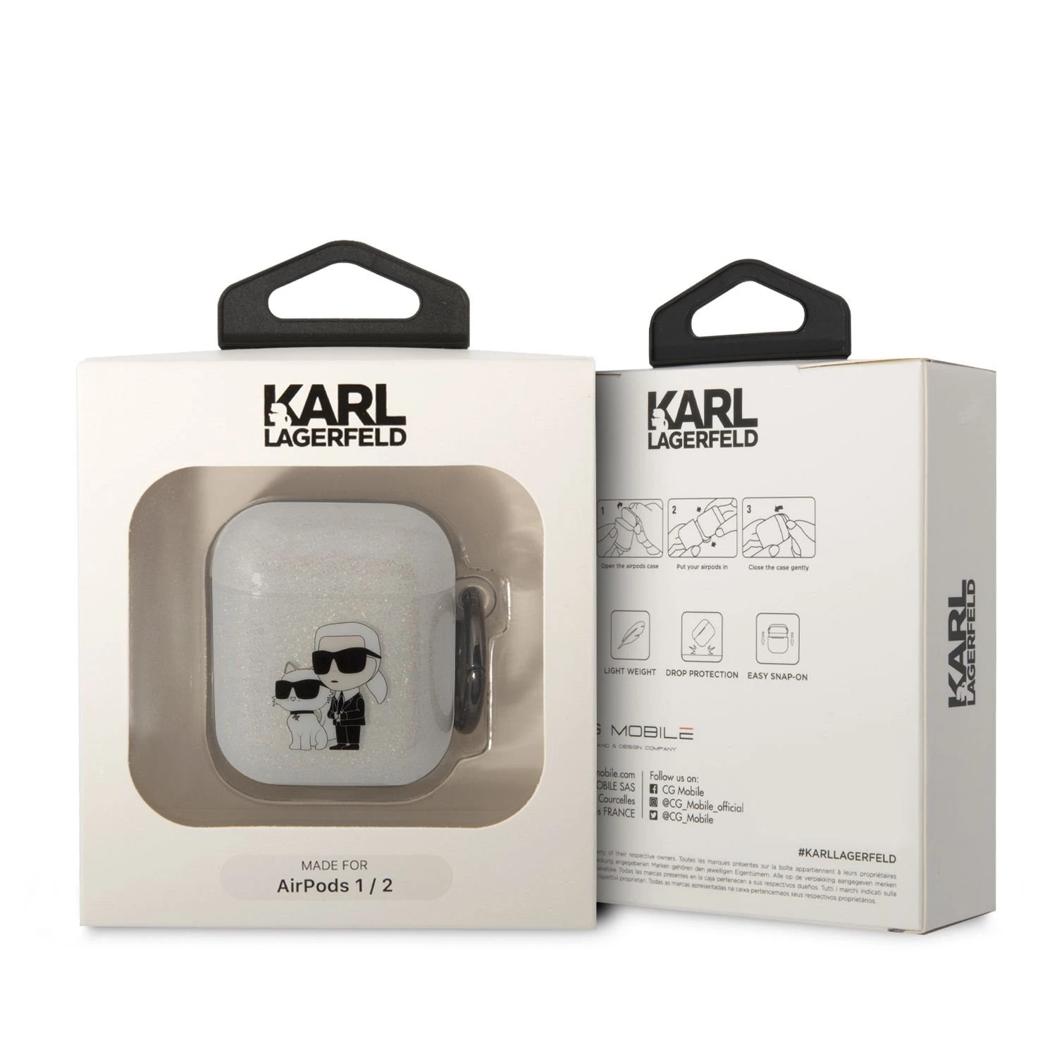Karl Lagerfeld KLA2HNKCTGT Airpods 1/2 dėklas skaidrus Glitter Karl&Choupette