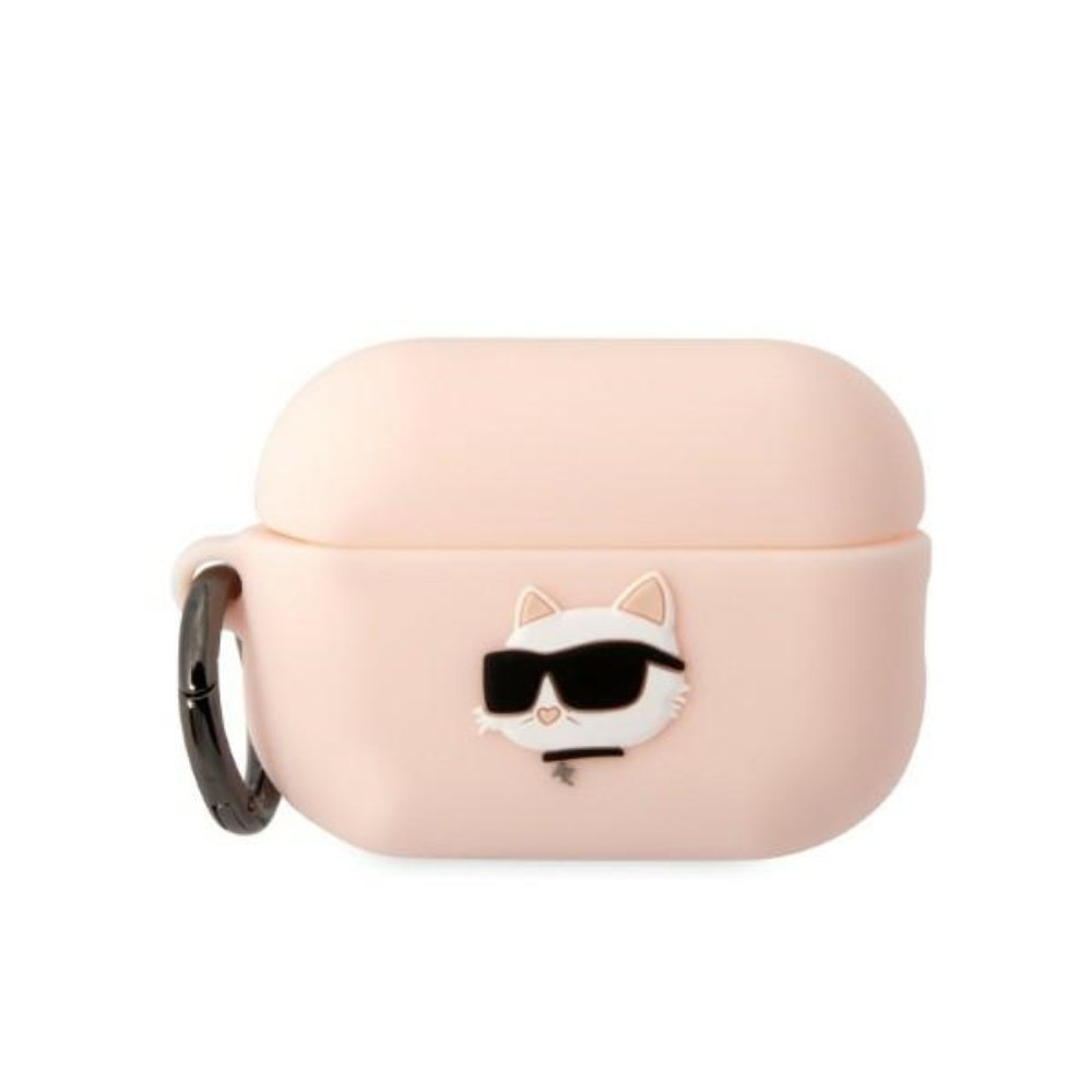 Apple AirPods Pro 2 Karl Lagerfeld silikoninis Choupette Head 3D light ausinių dėklas rožinės spalvos