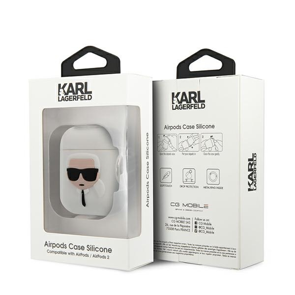Ausinės KLACCSILKHWH Karl Lagerfeld Karl Head Silikoninis dėklas skirtas Airpods 1/2 Baltas