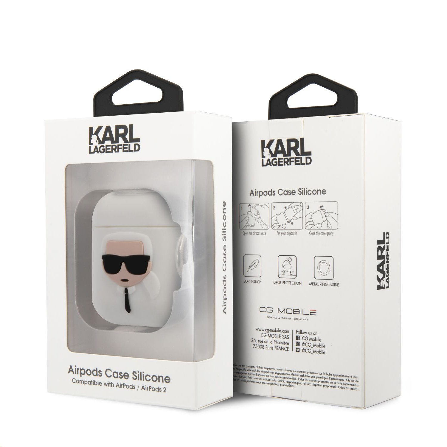 Ausinės KLACCSILKHWH Karl Lagerfeld Karl Head Silikoninis dėklas skirtas Airpods 1/2 Baltas