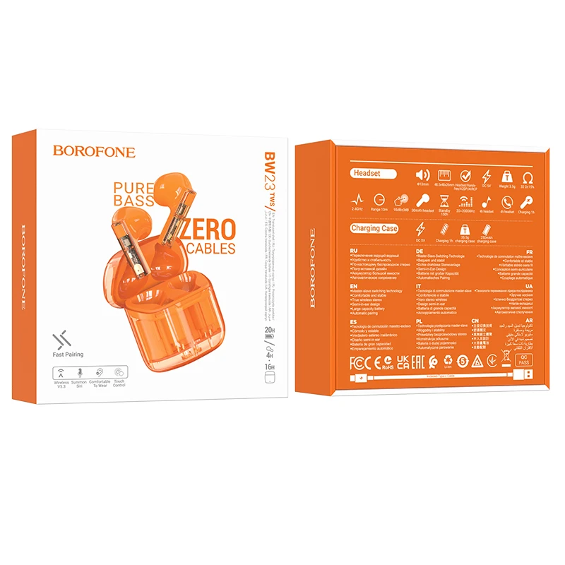 Oem Borofone TWS Bluetooth ausinės BW23 Crystal Bean Transparent Edition oranžinės spalvos