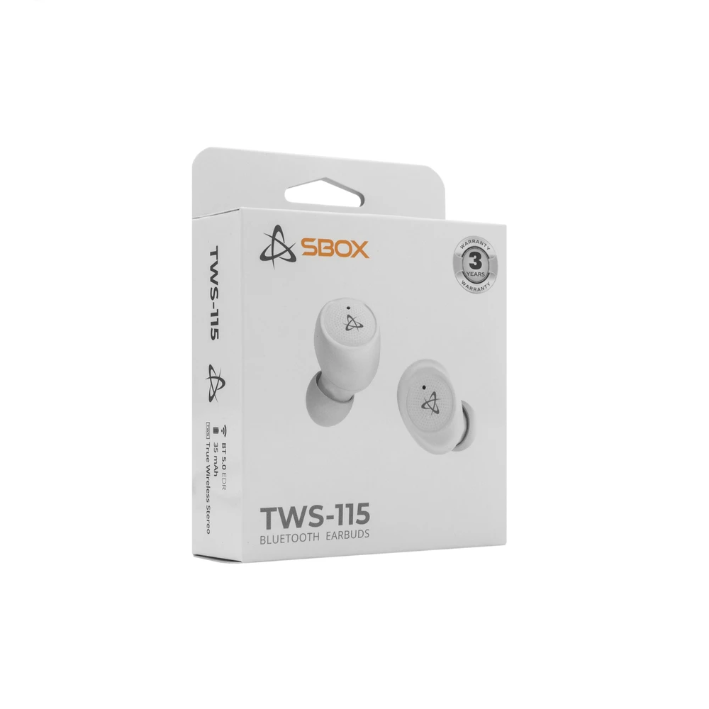 SBOX Belaidės Earbuds Ausinės,Charging box, Bluetooth 5.0, Baltas(EB-TWS115-W)