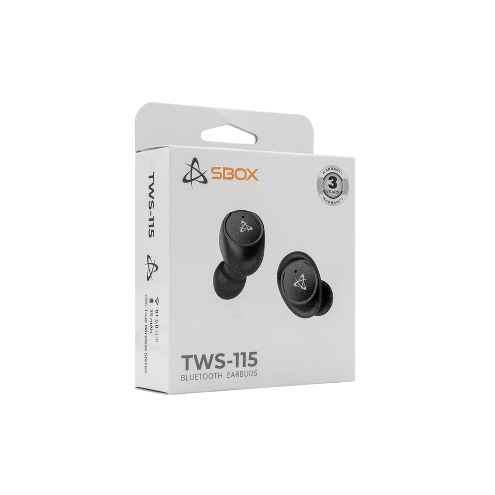 SBOX Belaidės Earbuds Ausinės,Charging box, Bluetooth 5.0, Juodas (EB-TWS115-B)