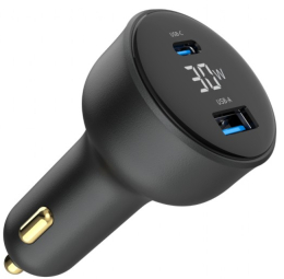 Gembird Greitas automobilinis įkroviklis 2x USB, C tipo (PD), LCD, 30W, juodas
