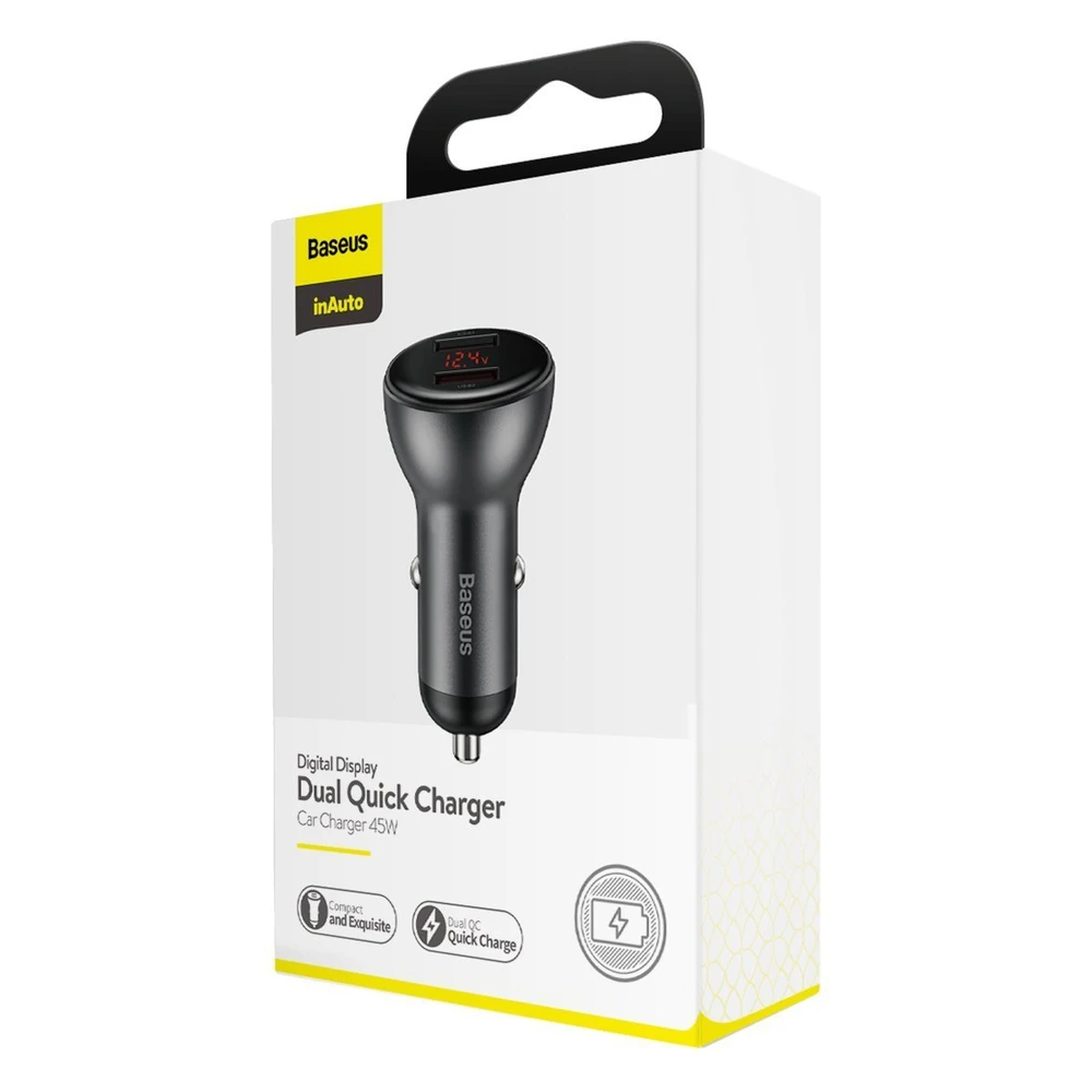 Baseus įkroviklis su skaitmeniniu ekranu Dual QC3.0 45W 5A - Pilkas