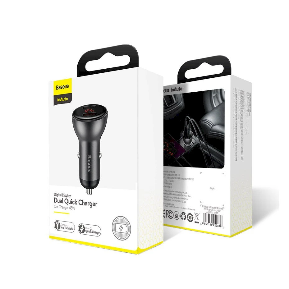 Baseus įkroviklis su skaitmeniniu ekranu Dual QC3.0 45W 5A - Pilkas