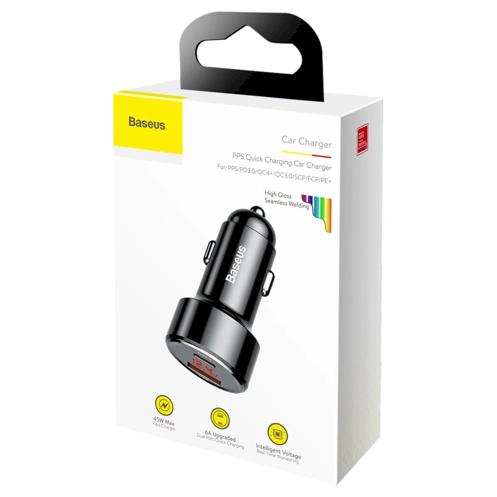 Dėklas Baseus Magic USB + USB-C QC 4.0 PD 45W automobilinis įkroviklis - juodas