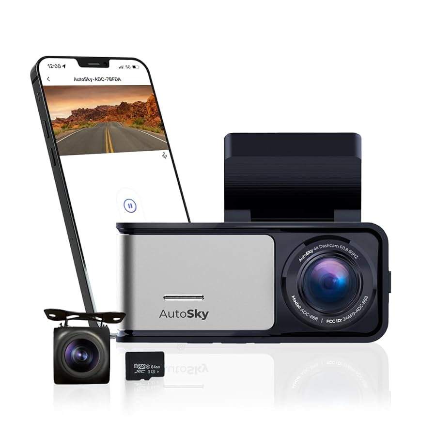 Vaizdo registratorius „AutoSky 4K Dash Cam Pro“ su priekiniu 4K ir galiniu 1080P GPS ADC888