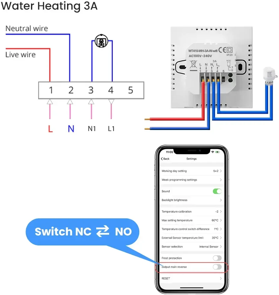 Avatto Išmanus, sieninis termostatas grindų termo pavaroms 3A, 230V, Wi-Fi, juodas, TUYA / Smart Life