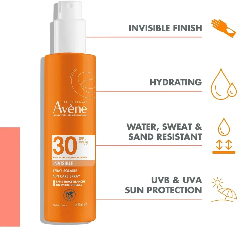 Avene Sun Invisible Purškiklis SPF 30 apsauginis purškiklis nuo saulės jautriai odai, 200 ml