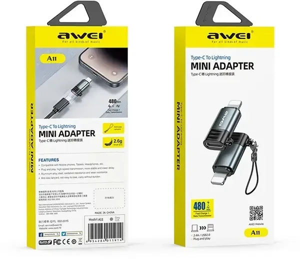AWEI Adapteris A11 USB-C/Lightning pilkas