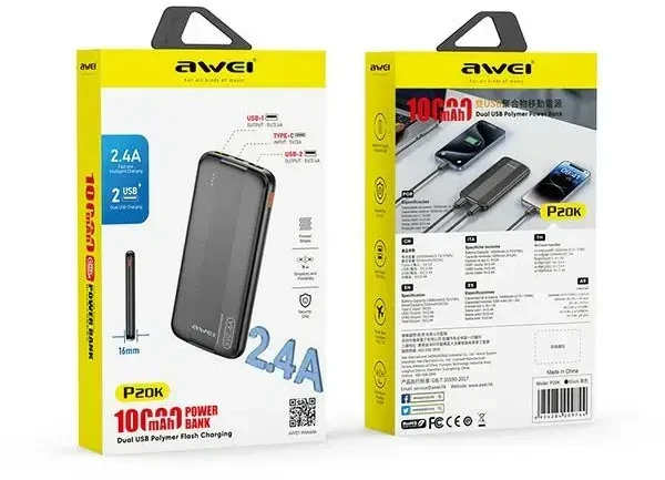 Išorinė baterija Power Bank Awei P20K 5V/2.4A 10000mAh juoda