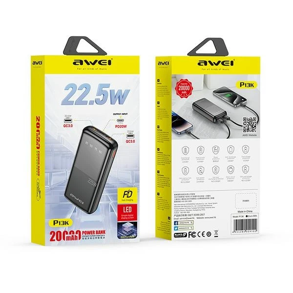 Išorinė baterija Power Bank Awei P13K PD20W/QC22.5W 20000mAh juoda