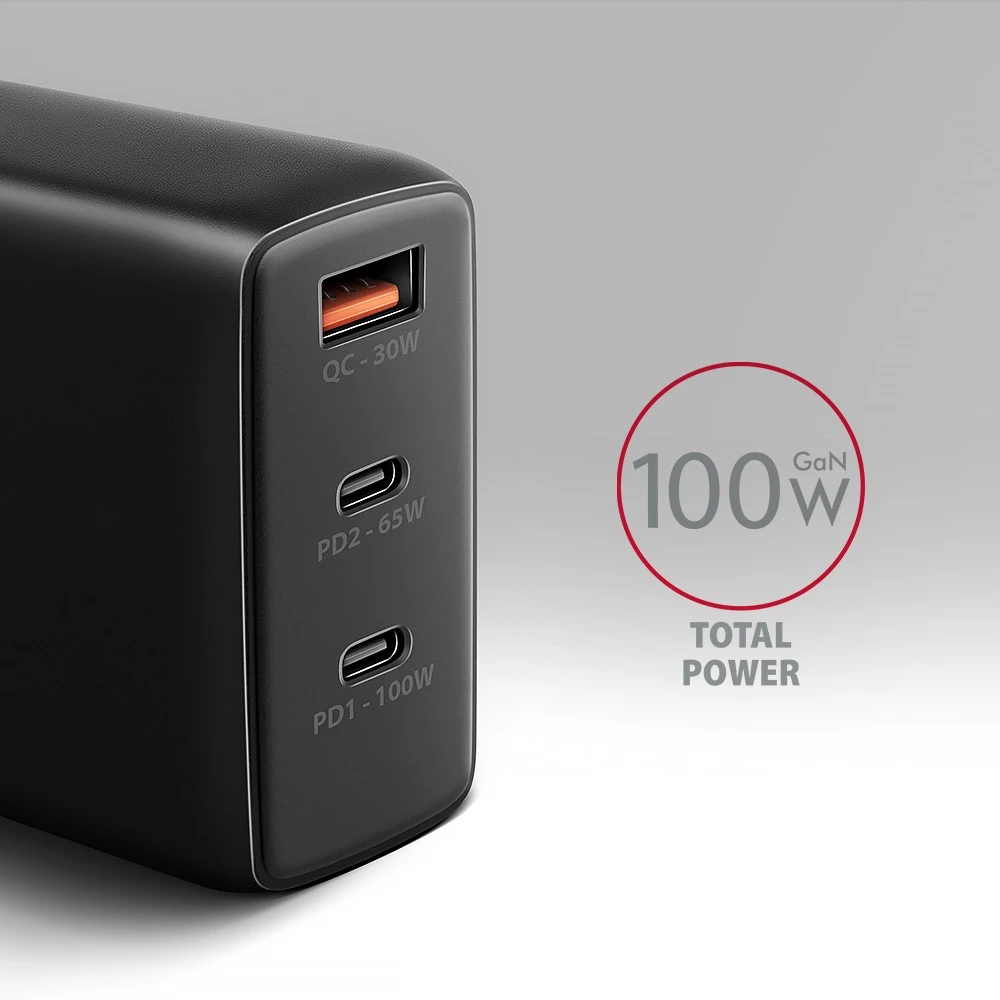 AXAGON GaN sieninis įkroviklis, 3x prievadas (USB-A + 2x USB-C), PD3.0/PPS/QC4+/SFC2.0/AFC/SCP/FCP/Apple, 100W | ACU-DPQ100