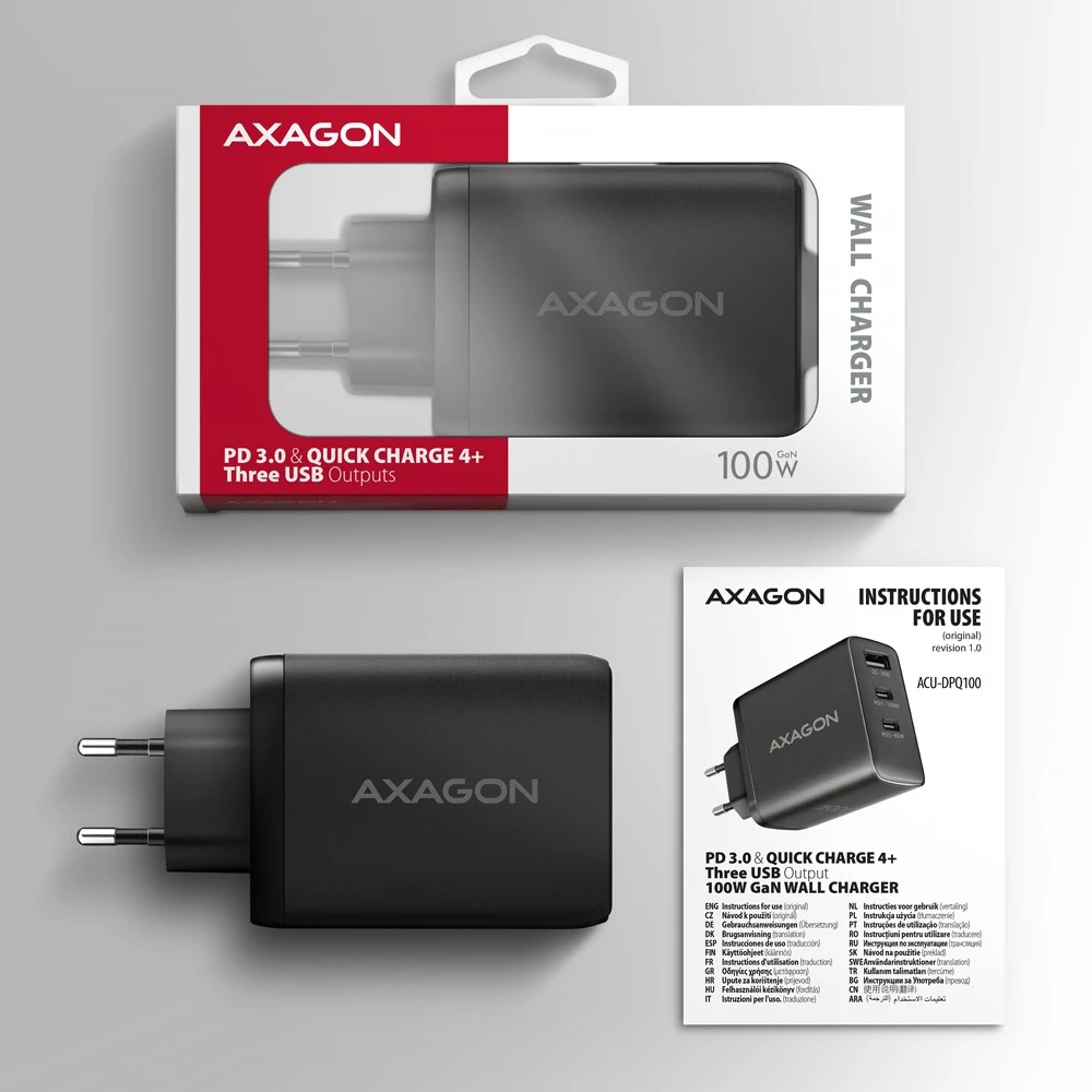 AXAGON GaN sieninis įkroviklis, 3x prievadas (USB-A + 2x USB-C), PD3.0/PPS/QC4+/SFC2.0/AFC/SCP/FCP/Apple, 100W | ACU-DPQ100