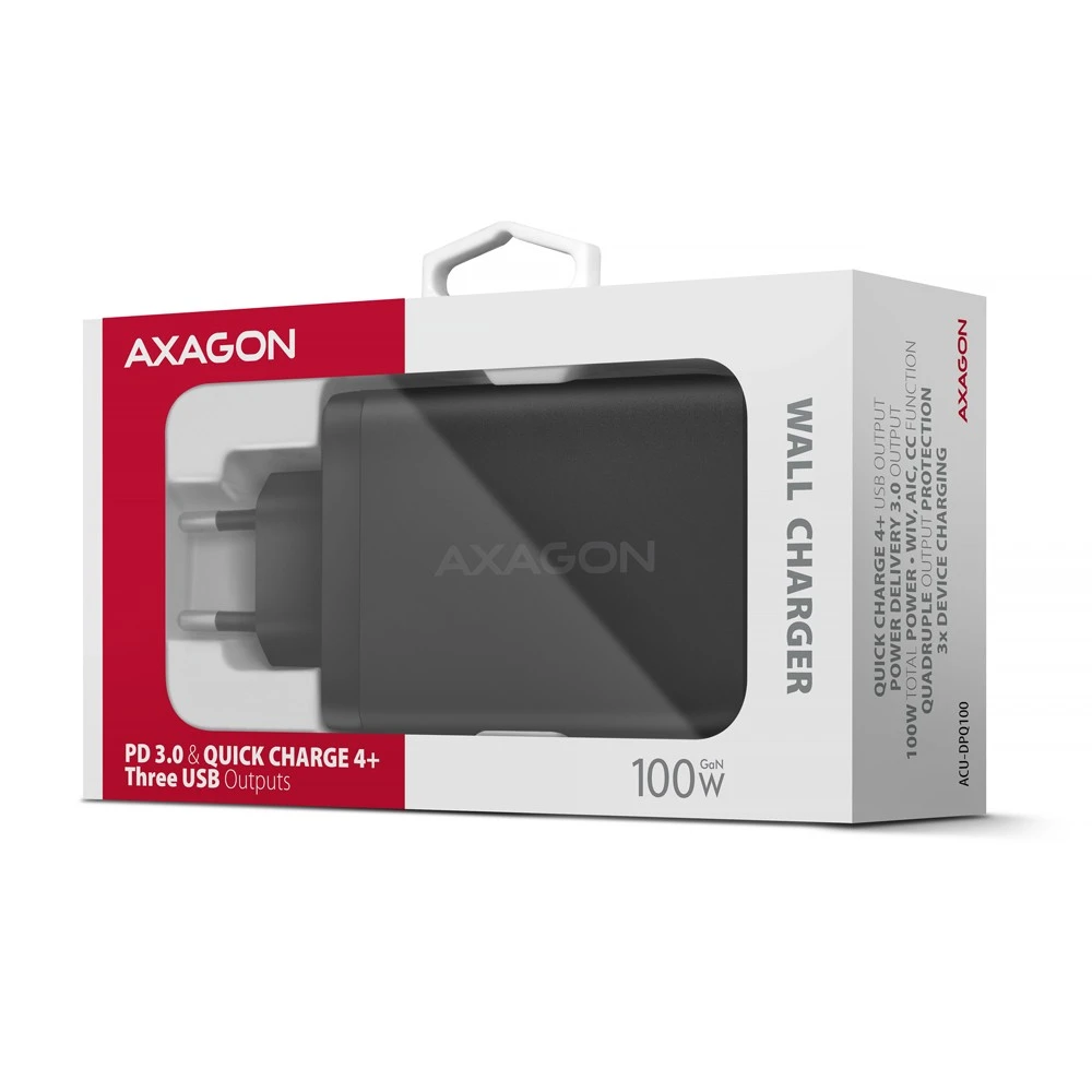 AXAGON GaN sieninis įkroviklis, 3x prievadas (USB-A + 2x USB-C), PD3.0/PPS/QC4+/SFC2.0/AFC/SCP/FCP/Apple, 100W | ACU-DPQ100