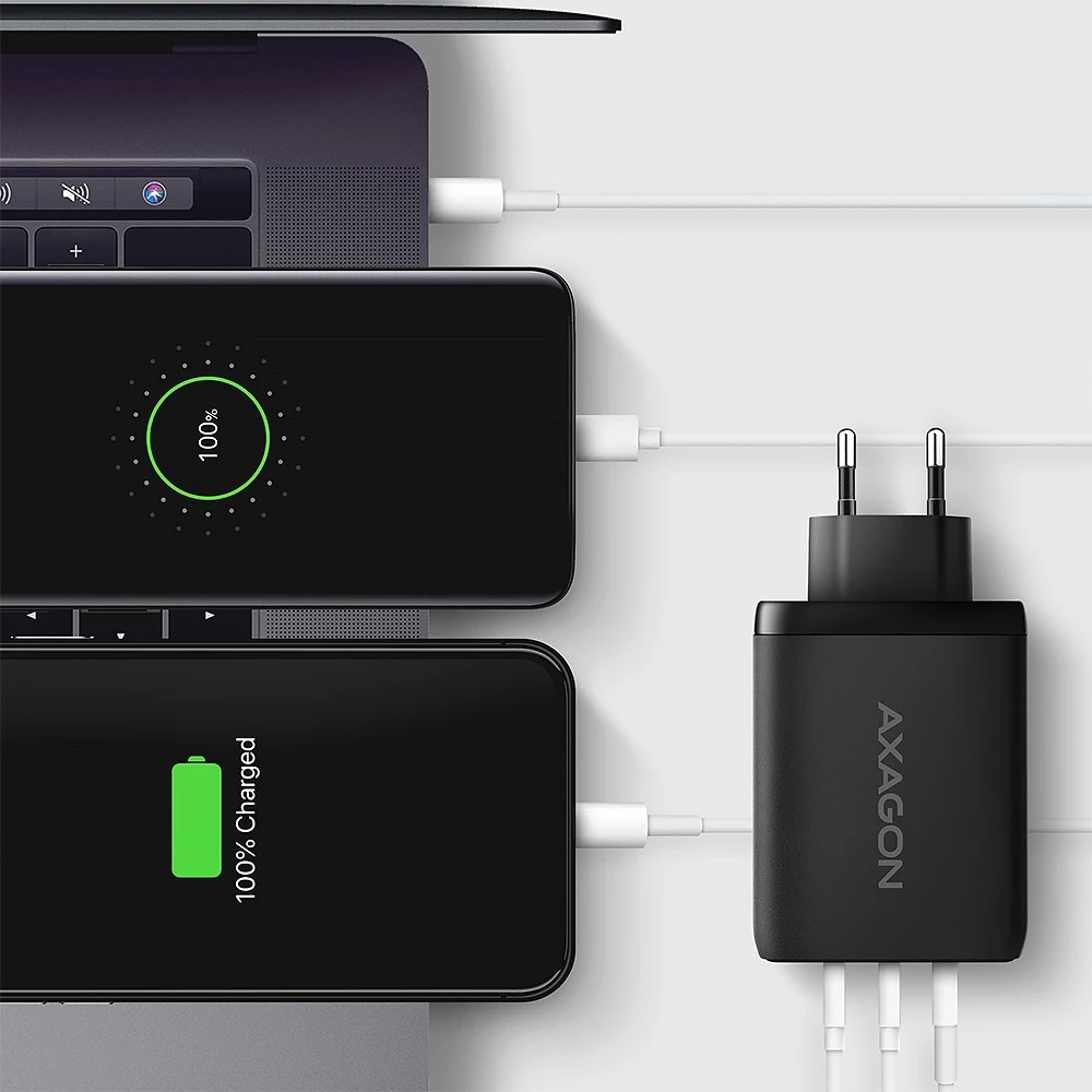 AXAGON GaN sieninis įkroviklis, 3x prievadas (USB-A + 2x USB-C), PD3.0/PPS/QC4+/SFC2.0/AFC/SCP/FCP/Apple, 100W | ACU-DPQ100