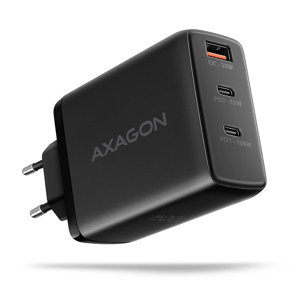 AXAGON GaN sieninis įkroviklis, 3x prievadas (USB-A + 2x USB-C), PD3.0/PPS/QC4+/SFC2.0/AFC/SCP/FCP/Apple, 100W | ACU-DPQ100