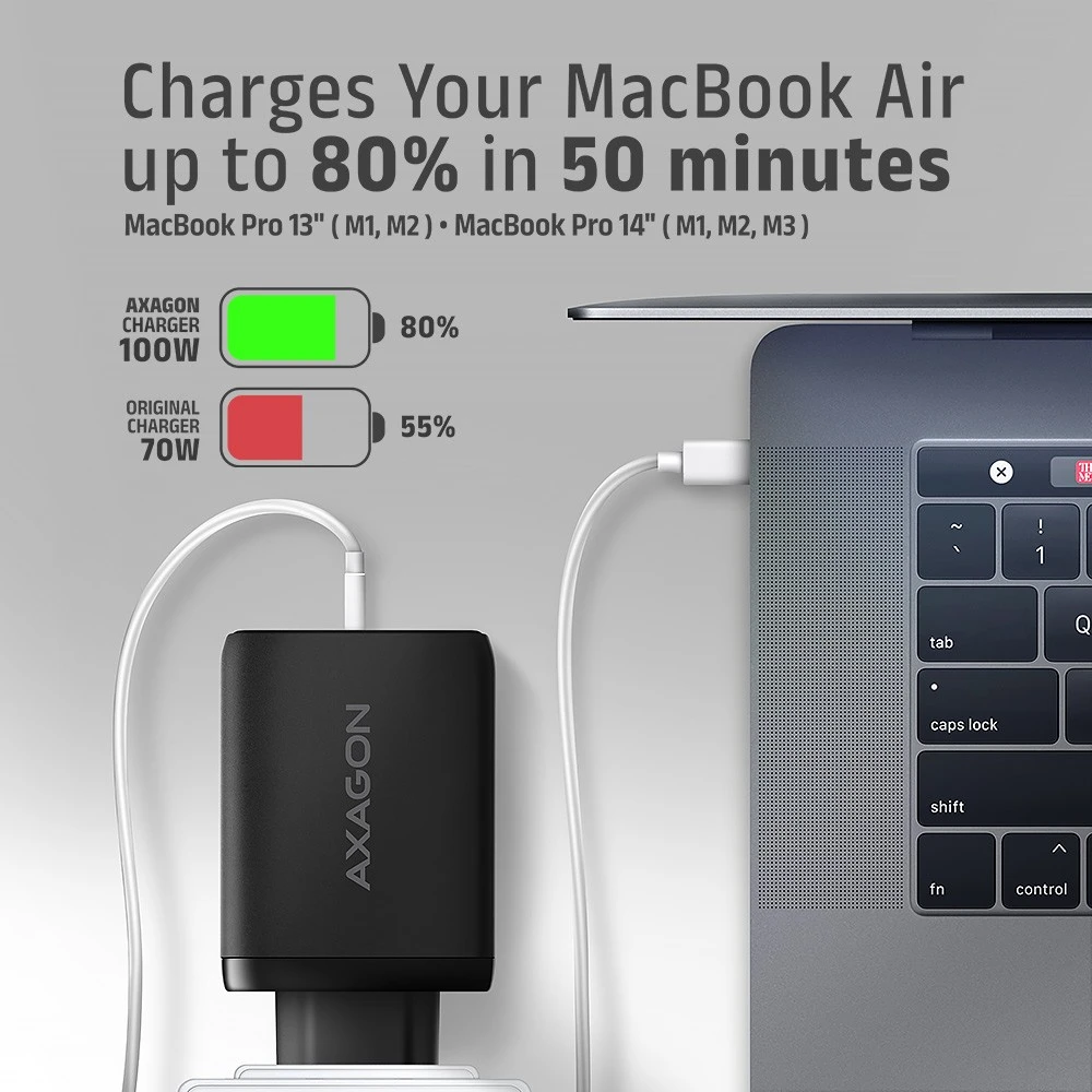 AXAGON GaN sieninis įkroviklis, 3x prievadas (USB-A + 2x USB-C), PD3.0/PPS/QC4+/SFC2.0/AFC/SCP/FCP/Apple, 100W | ACU-DPQ100
