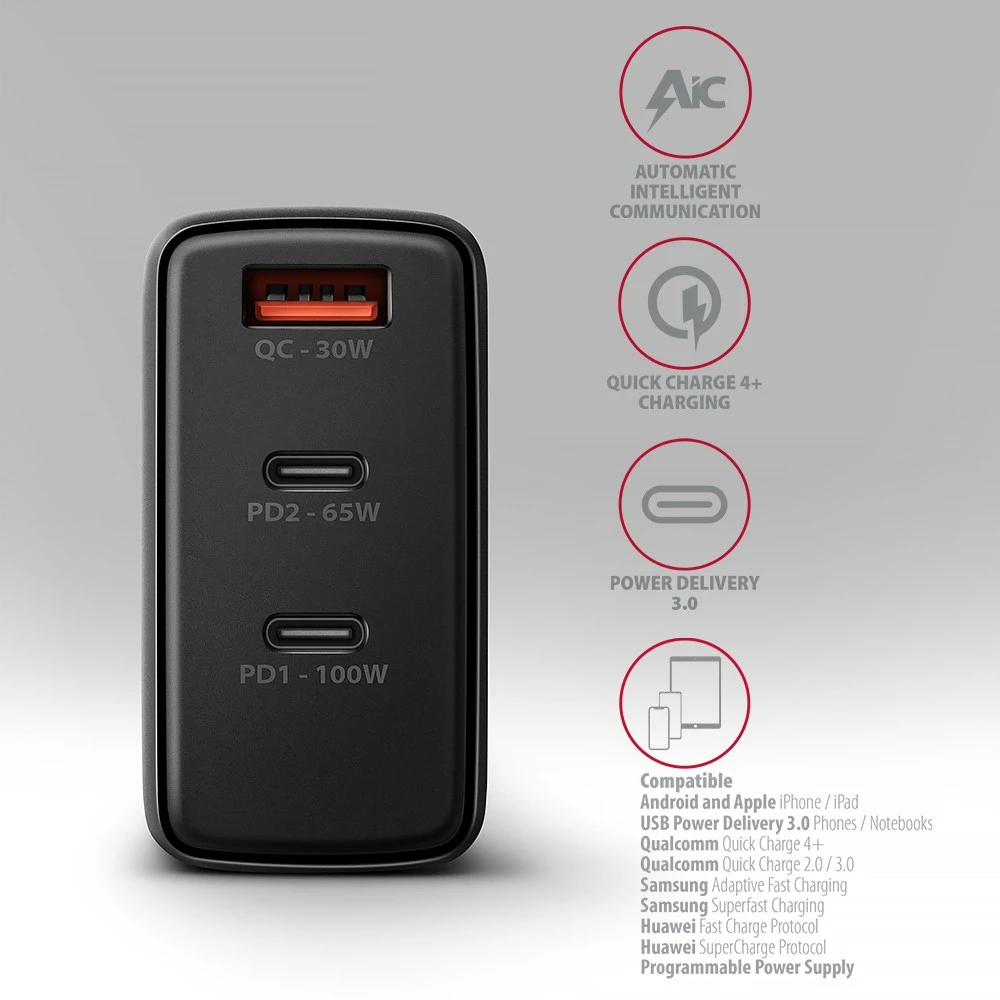 AXAGON GaN sieninis įkroviklis, 3x prievadas (USB-A + 2x USB-C), PD3.0/PPS/QC4+/SFC2.0/AFC/SCP/FCP/Apple, 100W | ACU-DPQ100