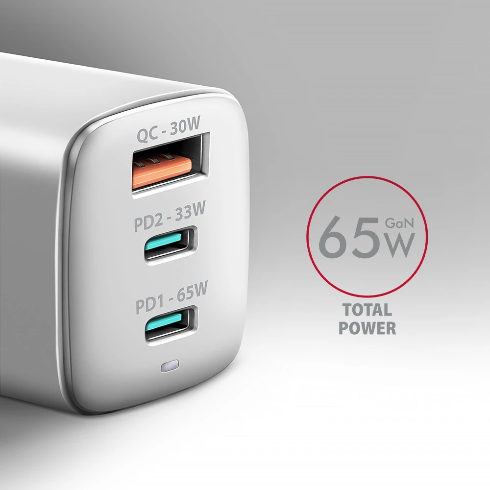 AXAGON GaN sieninis įkroviklis 3x prievadas (USB-A + 2x USB-C), PD3.0/PPS/QC4+/SFC2.0/AFC/SCP/FCP/Apple, 65W | ACU-DPQ65W