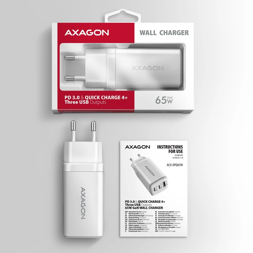 AXAGON GaN sieninis įkroviklis 3x prievadas (USB-A + 2x USB-C), PD3.0/PPS/QC4+/SFC2.0/AFC/SCP/FCP/Apple, 65W | ACU-DPQ65W