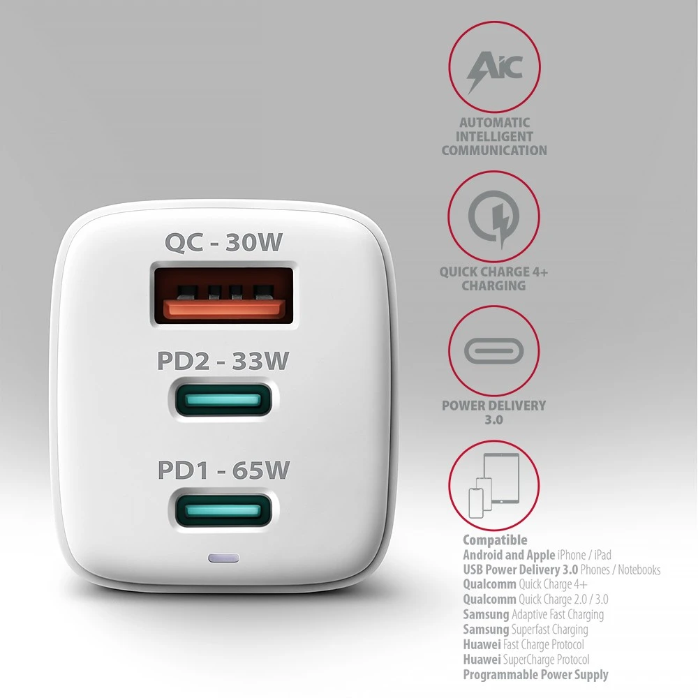 AXAGON GaN sieninis įkroviklis 3x prievadas (USB-A + 2x USB-C), PD3.0/PPS/QC4+/SFC2.0/AFC/SCP/FCP/Apple, 65W | ACU-DPQ65W