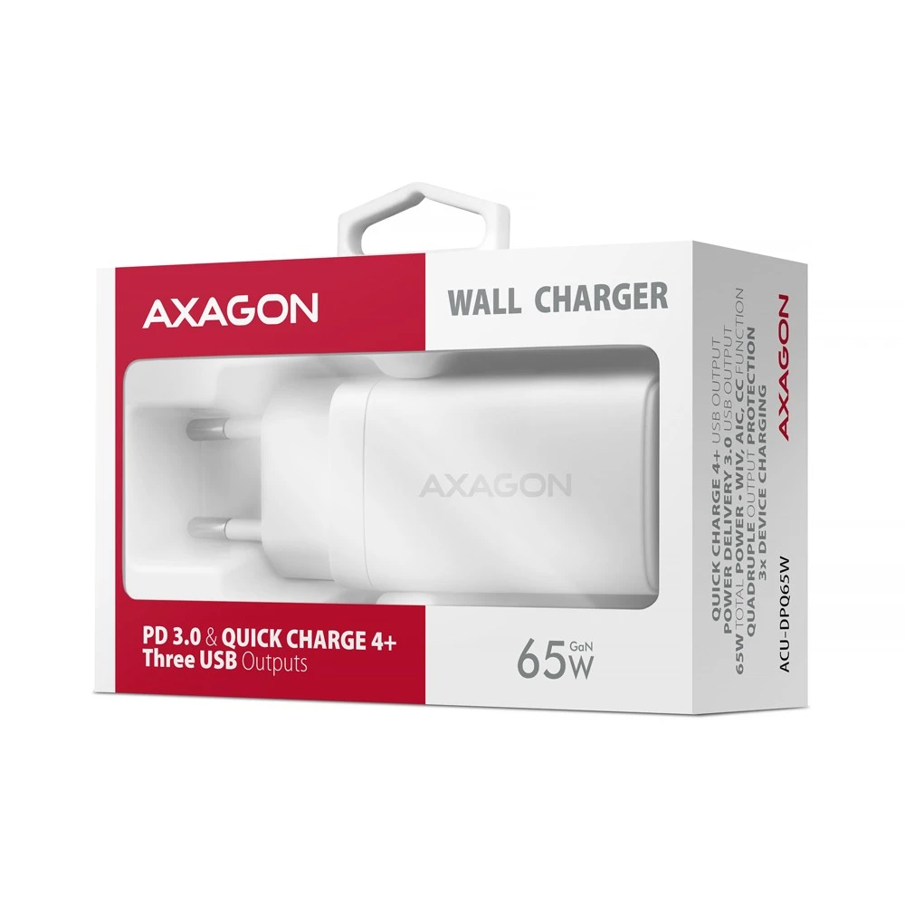 AXAGON GaN sieninis įkroviklis 3x prievadas (USB-A + 2x USB-C), PD3.0/PPS/QC4+/SFC2.0/AFC/SCP/FCP/Apple, 65W | ACU-DPQ65W