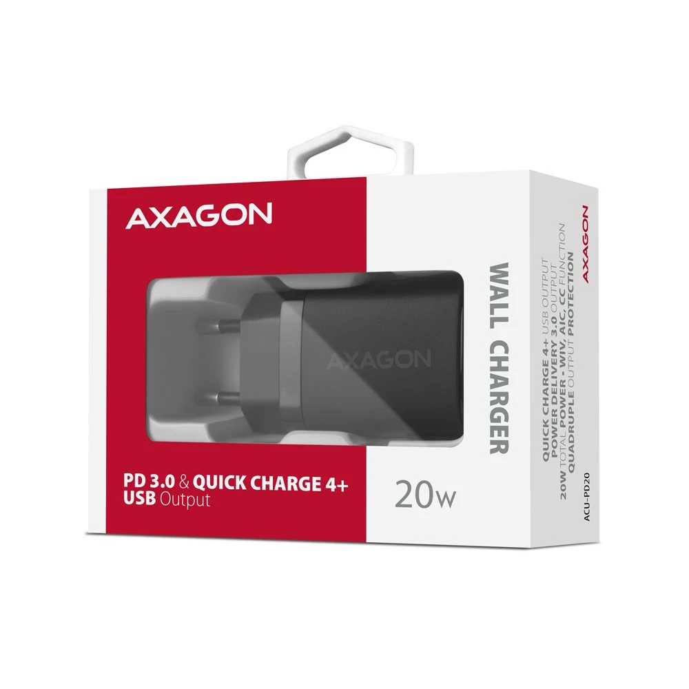 AXAGON ACU-PD20 sieninis pakrovėjas 1x QC3.0/AFC/FCP/PD type-C, 20W, juodas