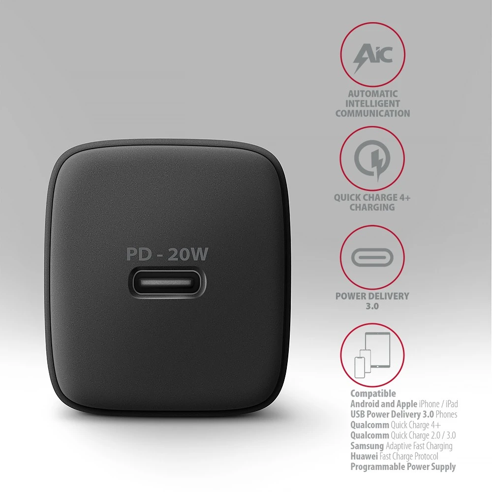 AXAGON ACU-PD20 sieninis pakrovėjas 1x QC3.0/AFC/FCP/PD type-C, 20W, juodas