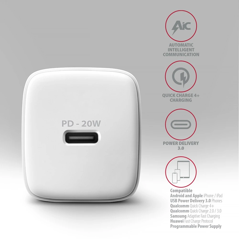 AXAGON ACU-PD20W sieninis įkroviklis 1x QC3.0/AFC/FCP/PD type-C, 20W, baltas