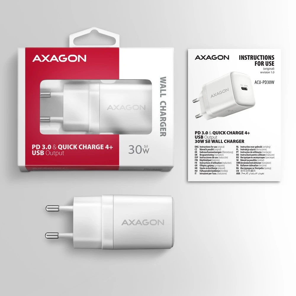 AXAGON ACU-PD30W sieninis įkroviklis 1x QC3.0/AFC/FCP/PD type-C, 30W, baltas