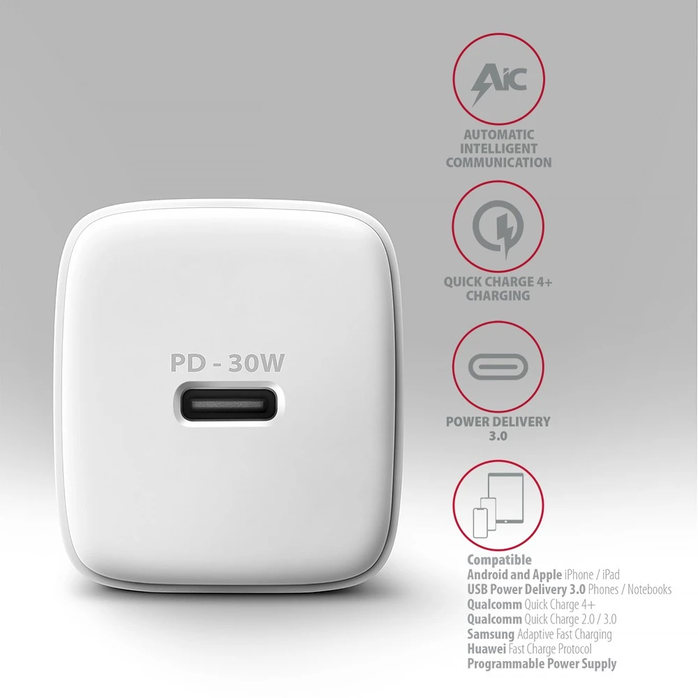 AXAGON ACU-PD30W sieninis įkroviklis 1x QC3.0/AFC/FCP/PD type-C, 30W, baltas