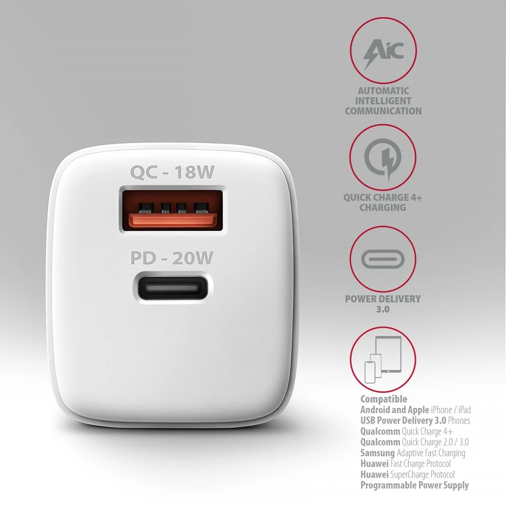 AXAGON ACU-PQ20W sieninis įkroviklis QC3.0/AFC/FCP + PD type-C, 20W, baltas