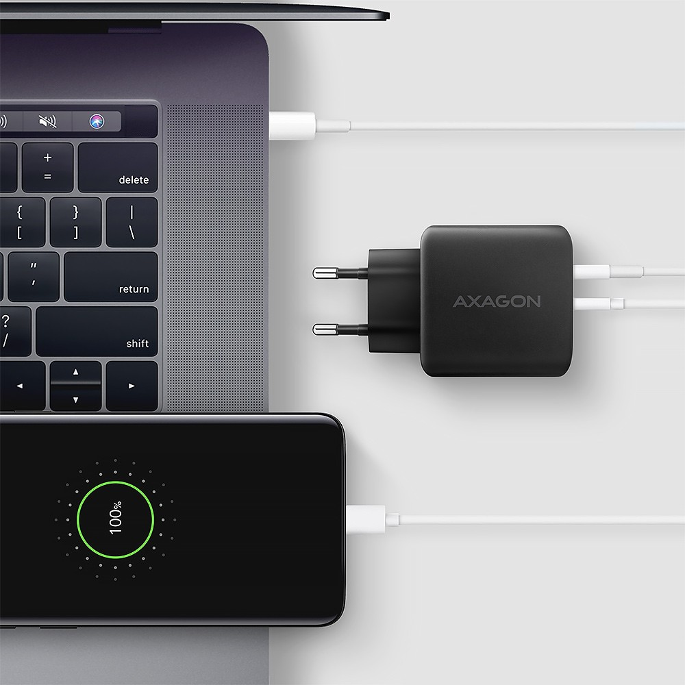 AXAGON GaN sieninis įkroviklis 2x prievadas (USB-A + USB-C), PD3.0/PPS/QC4+/SFC2.0/AFC/SCP/FCP/Apple, 45W | ACU-PQ45