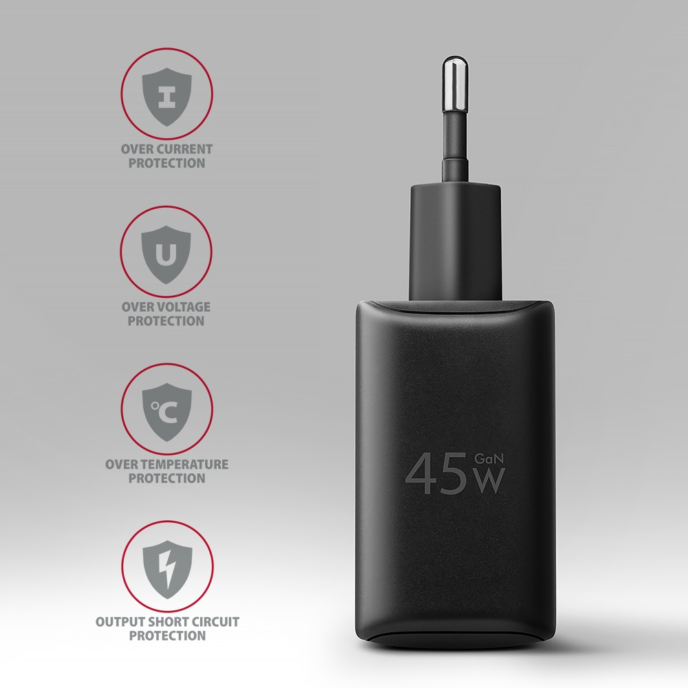 AXAGON GaN sieninis įkroviklis 2x prievadas (USB-A + USB-C), PD3.0/PPS/QC4+/SFC2.0/AFC/SCP/FCP/Apple, 45W | ACU-PQ45