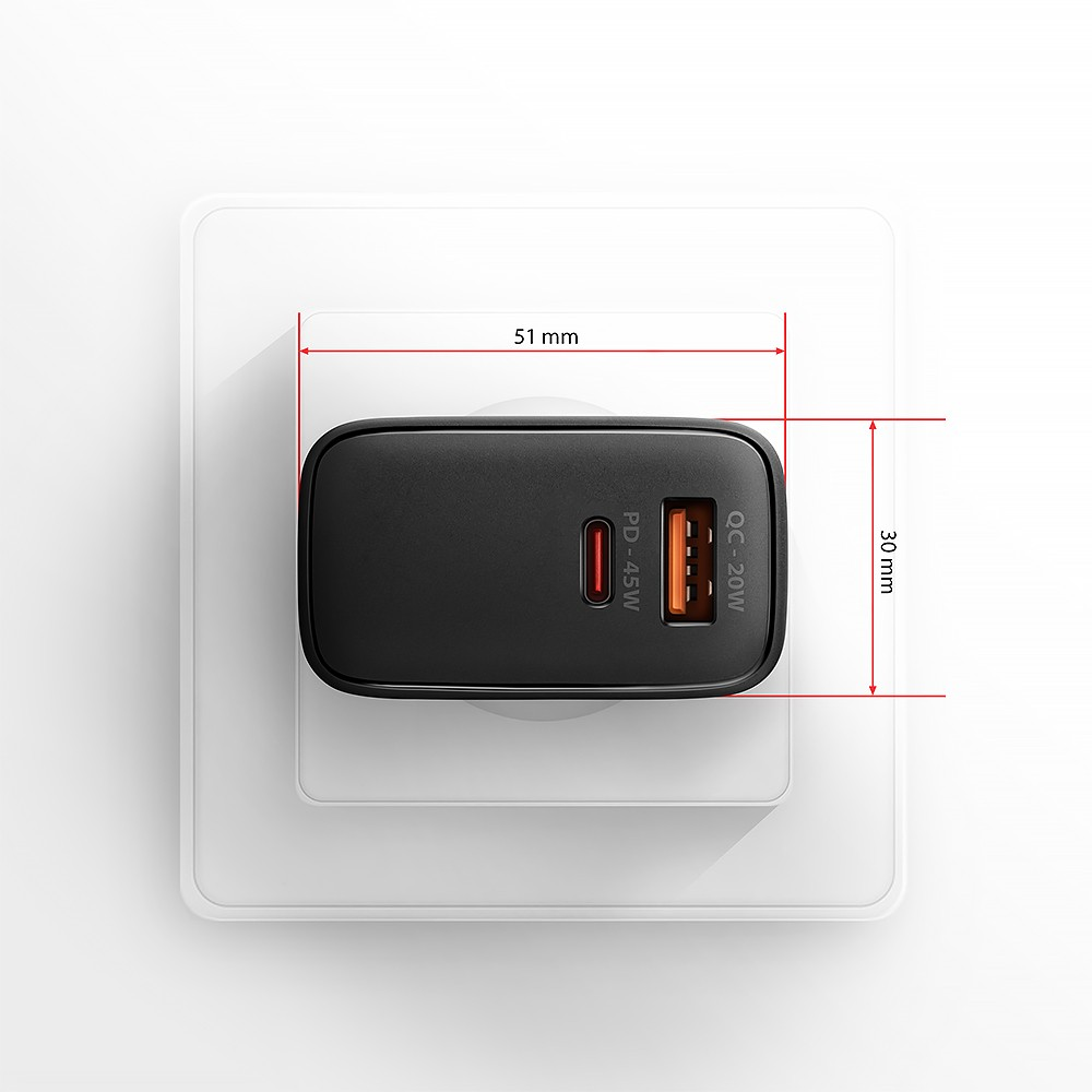 AXAGON GaN sieninis įkroviklis 2x prievadas (USB-A + USB-C), PD3.0/PPS/QC4+/SFC2.0/AFC/SCP/FCP/Apple, 45W | ACU-PQ45