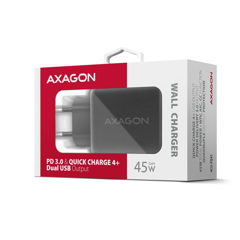 AXAGON GaN sieninis įkroviklis 2x prievadas (USB-A + USB-C), PD3.0/PPS/QC4+/SFC2.0/AFC/SCP/FCP/Apple, 45W | ACU-PQ45