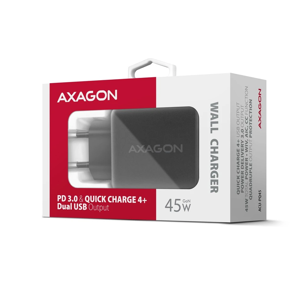 AXAGON GaN sieninis įkroviklis 2x prievadas (USB-A + USB-C), PD3.0/PPS/QC4+/SFC2.0/AFC/SCP/FCP/Apple, 45W | ACU-PQ45
