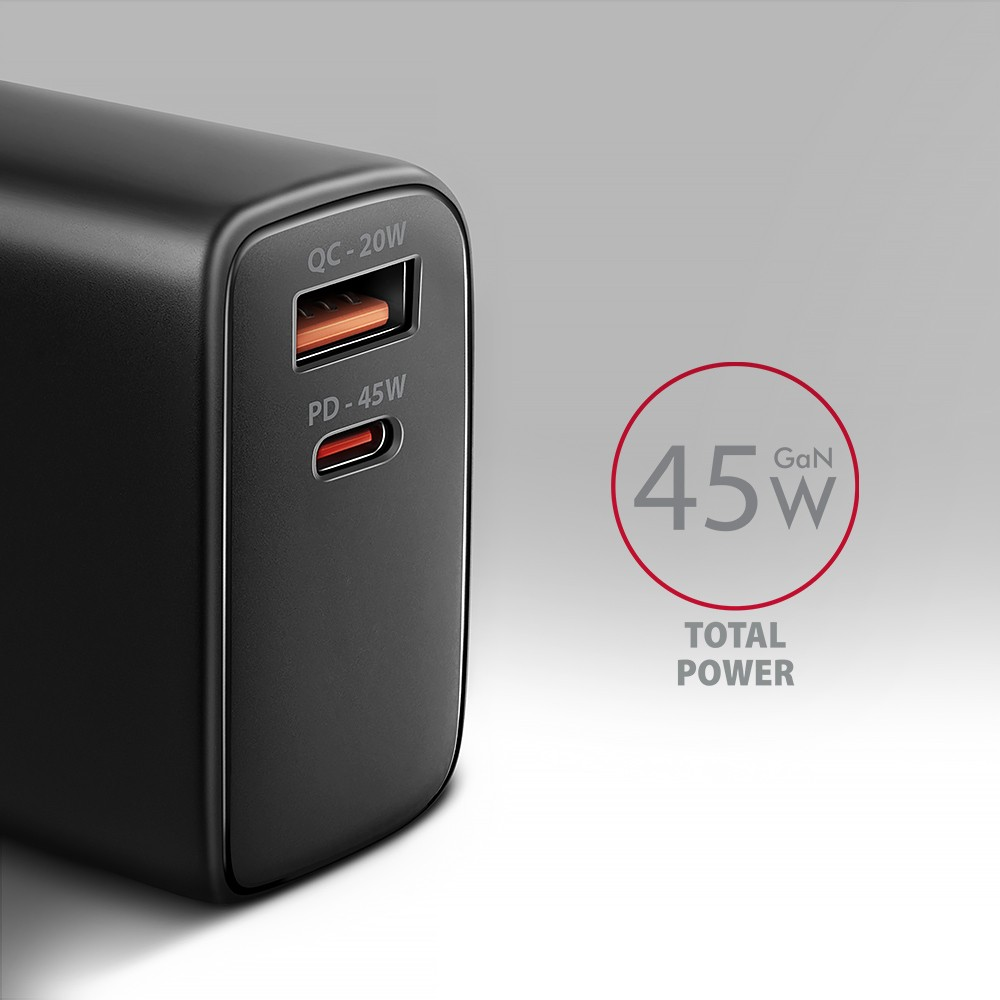 AXAGON GaN sieninis įkroviklis 2x prievadas (USB-A + USB-C), PD3.0/PPS/QC4+/SFC2.0/AFC/SCP/FCP/Apple, 45W | ACU-PQ45