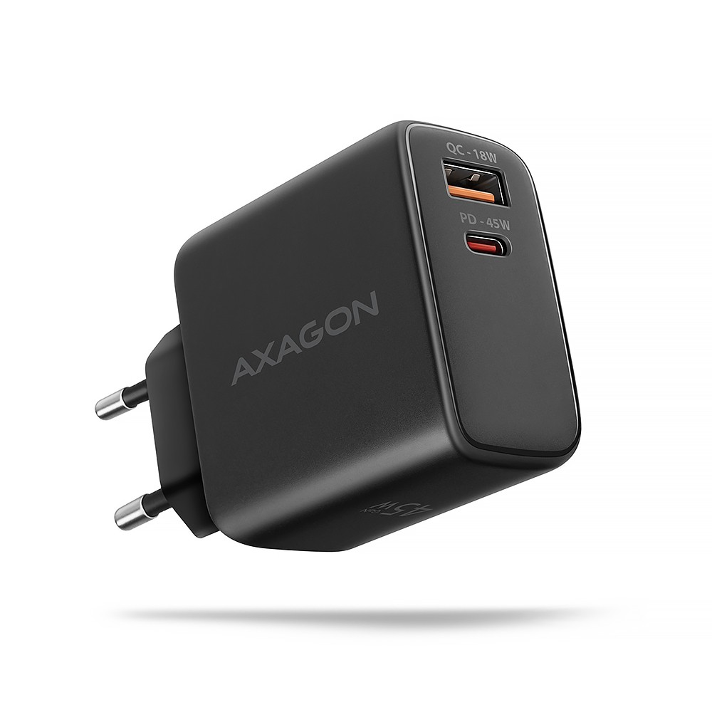 AXAGON GaN sieninis įkroviklis 2x prievadas (USB-A + USB-C), PD3.0/PPS/QC4+/SFC2.0/AFC/SCP/FCP/Apple, 45W | ACU-PQ45