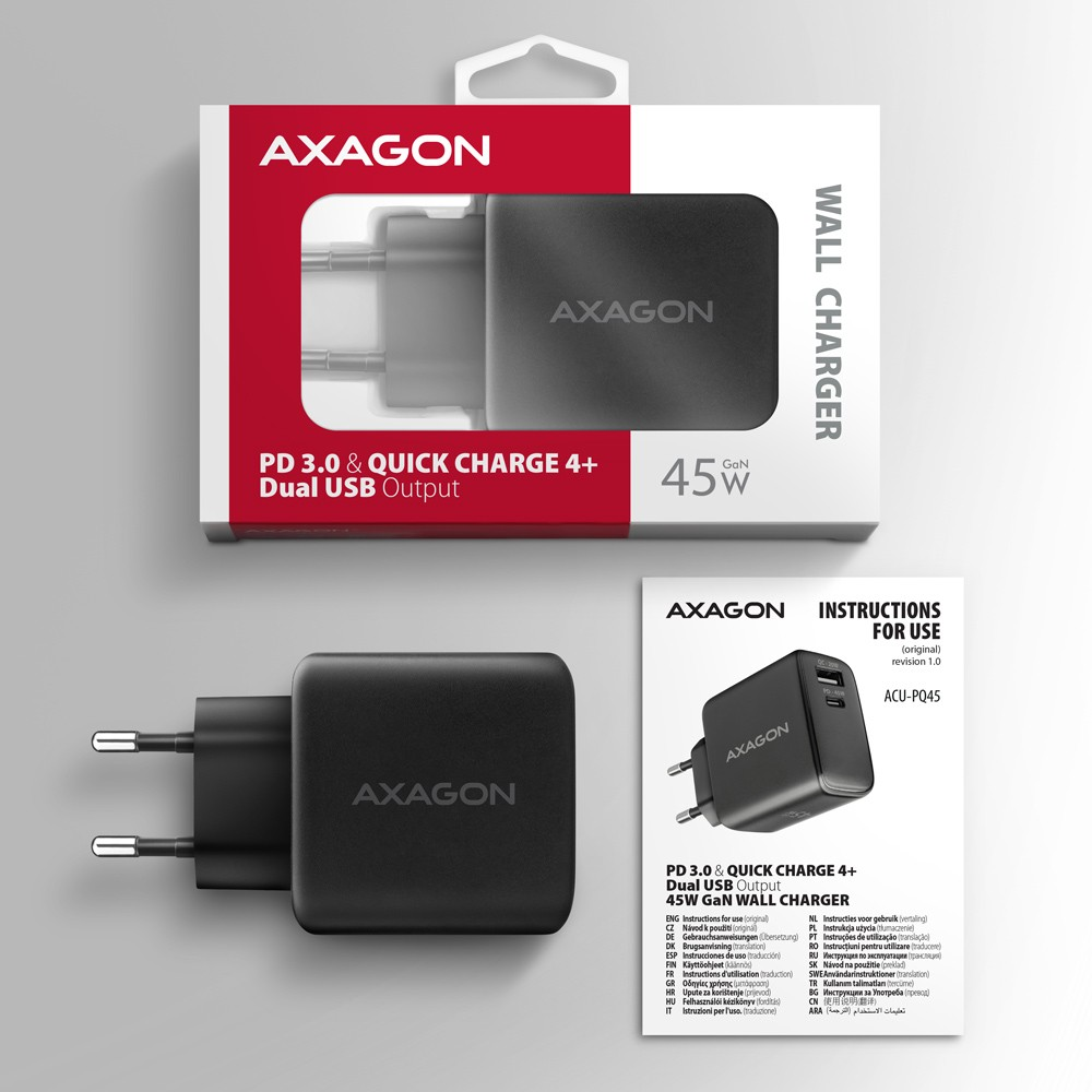 AXAGON GaN sieninis įkroviklis 2x prievadas (USB-A + USB-C), PD3.0/PPS/QC4+/SFC2.0/AFC/SCP/FCP/Apple, 45W | ACU-PQ45