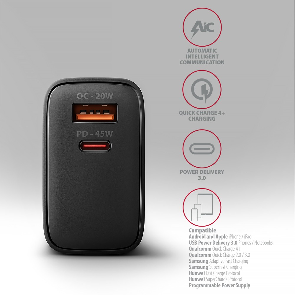 AXAGON GaN sieninis įkroviklis 2x prievadas (USB-A + USB-C), PD3.0/PPS/QC4+/SFC2.0/AFC/SCP/FCP/Apple, 45W | ACU-PQ45