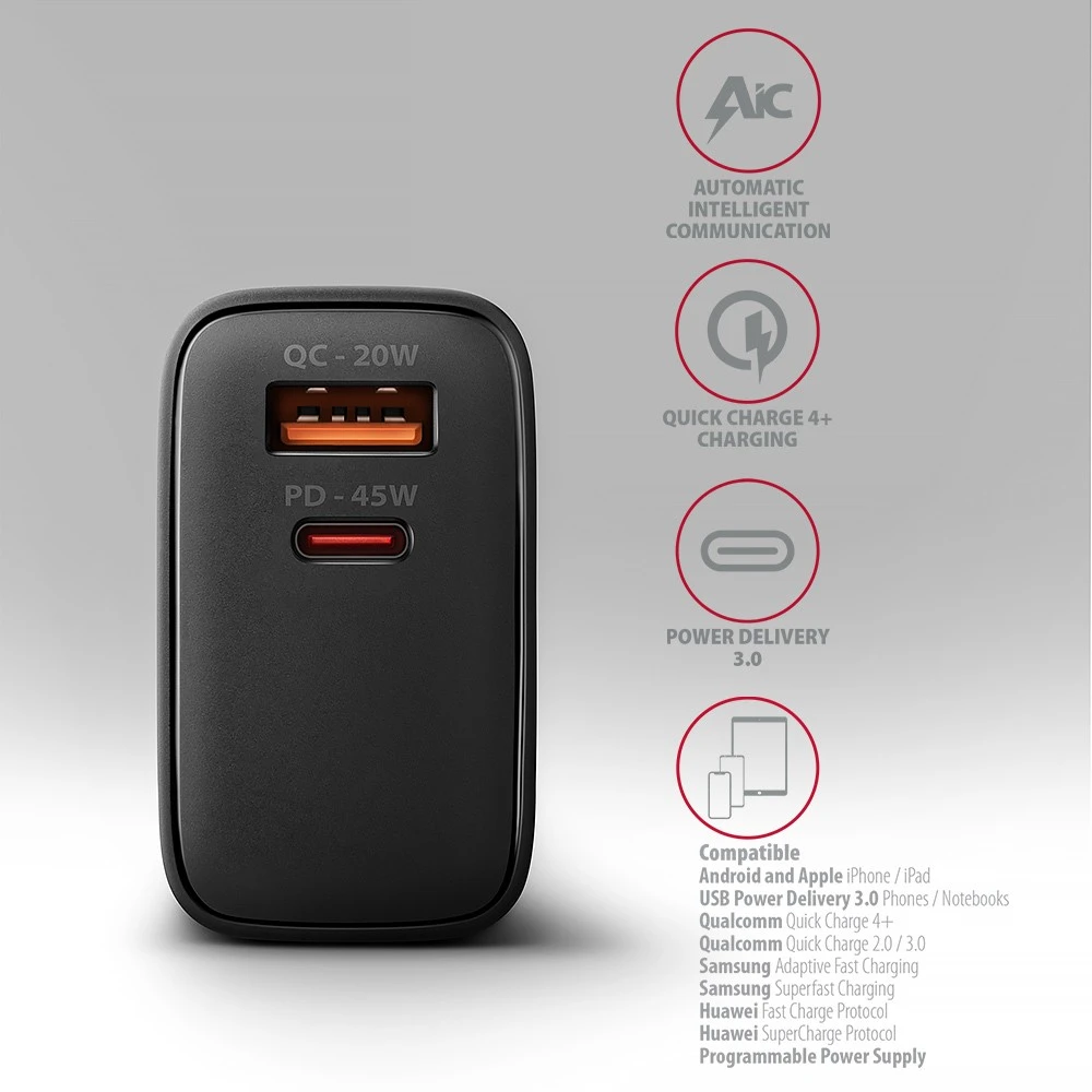 AXAGON GaN sieninis įkroviklis 2x prievadas (USB-A + USB-C), PD3.0/PPS/QC4+/SFC2.0/AFC/SCP/FCP/Apple, 45W | ACU-PQ45
