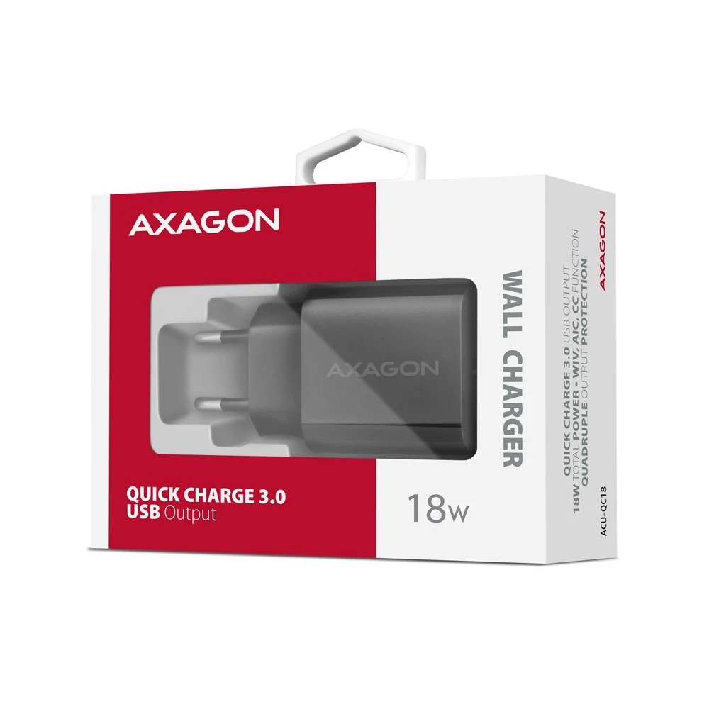 AXAGON ACU-QC18 sieninis įkroviklis 1x QC3.0/AFC/FCP/SMART, 18W, jaudas