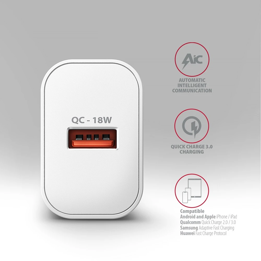 AXAGON ACU-QC18W sieninis įkroviklis 1x QC3.0/AFC/FCP/SMART, 18W, baltas