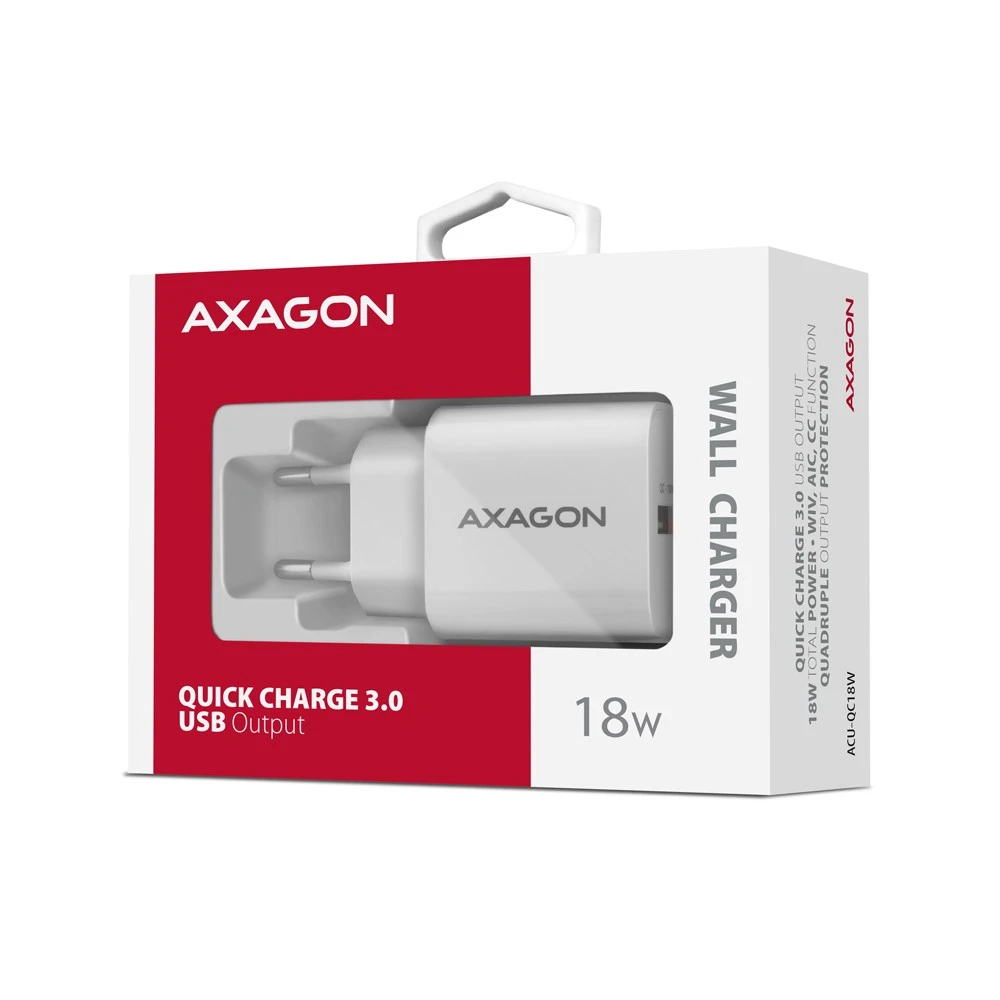 AXAGON ACU-QC18W sieninis įkroviklis 1x QC3.0/AFC/FCP/SMART, 18W, baltas