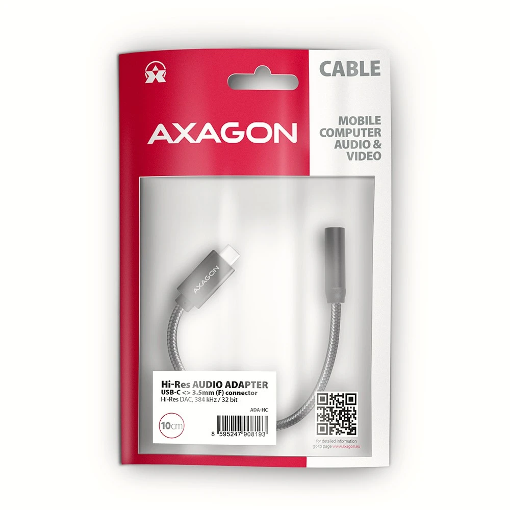 AXAGON ADA-HC USB-C – 3,5 mm (F) jungtis, didelės raiškos DAC, 32 bitų 384 kHz garso adapteris